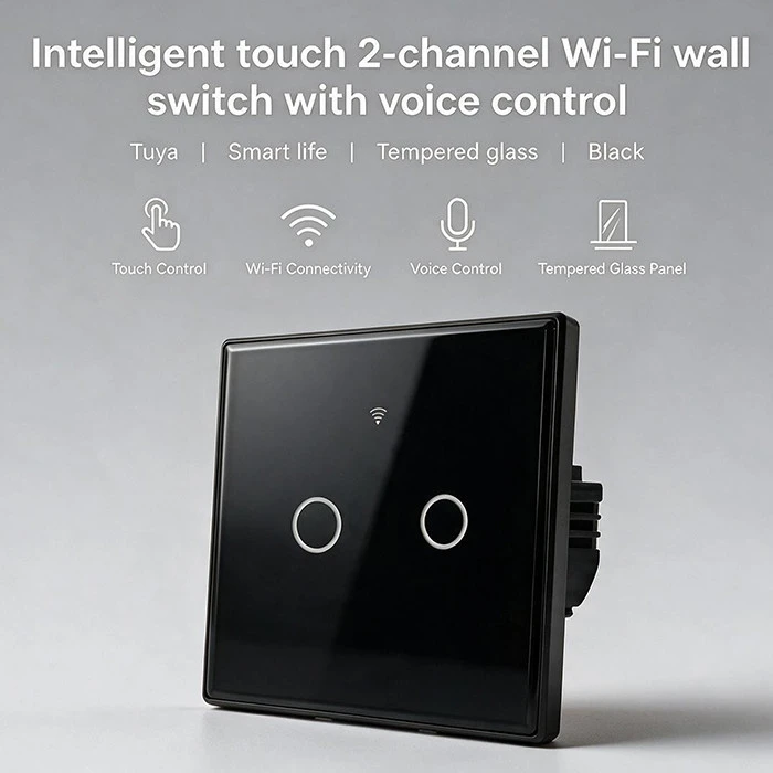 Qoltec Inteligentny dotykowy 2-kanałowy jungiklis wyłącznik światła | Wi-Fi | Timer | Tuya | Smart life | Hartowane szkło | Juodas