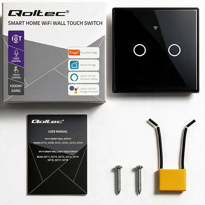 Qoltec Inteligentny dotykowy 2-kanałowy jungiklis wyłącznik światła | Wi-Fi | Timer | Tuya | Smart life | Hartowane szkło | Juodas