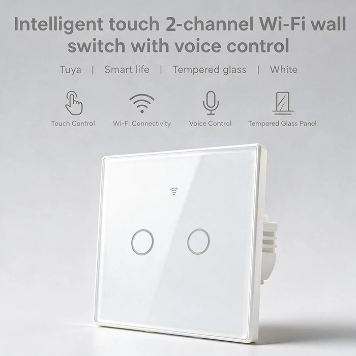 Qoltec Inteligentny dotykowy 2-kanałowy jungiklis wyłącznik światła | Wi-Fi | Timer | Tuya | Smart life | Hartowane szkło | Baltas