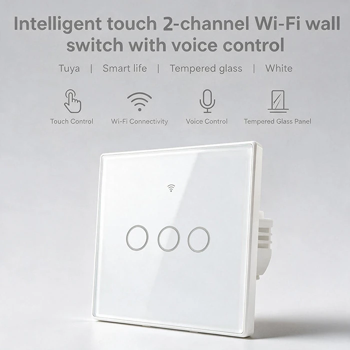 Qoltec Inteligentny dotykowy 3-kanałowy jungiklis wyłącznik światła | Wi-Fi | Timer | Tuya | Smart life | Hartowane szkło | Baltas