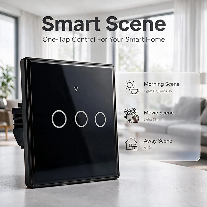 Qoltec Inteligentny dotykowy 3-kanałowy jungiklis wyłącznik światła | Wi-Fi | Timer | Tuya | Smart life | Hartowane szkło | Juodas