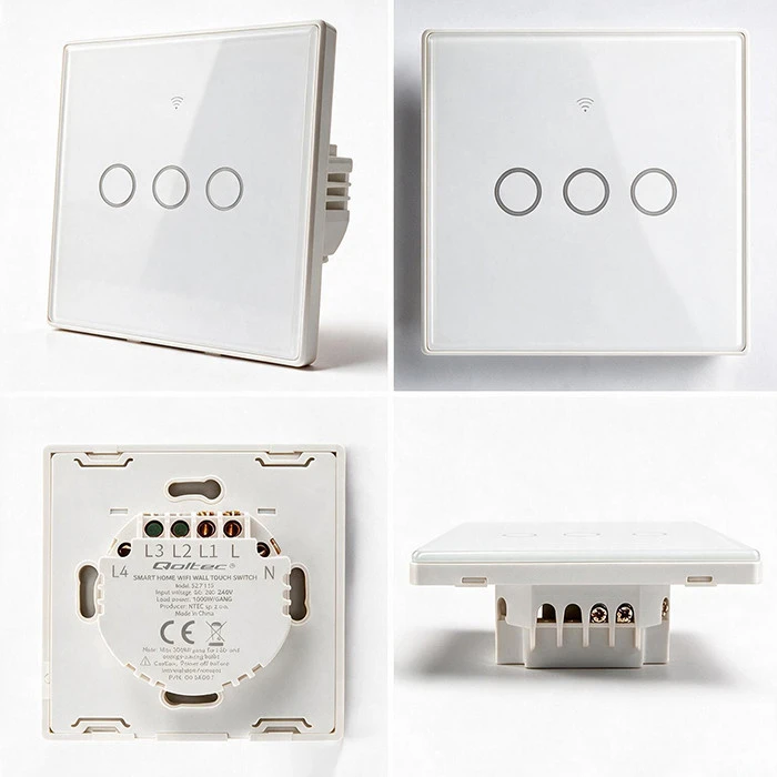 Qoltec Inteligentny dotykowy 3-kanałowy jungiklis wyłącznik światła | Wi-Fi | Timer | Tuya | Smart life | Hartowane szkło | Baltas