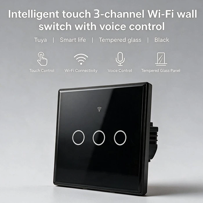 Qoltec Inteligentny dotykowy 3-kanałowy jungiklis wyłącznik światła | Wi-Fi | Timer | Tuya | Smart life | Hartowane szkło | Juodas