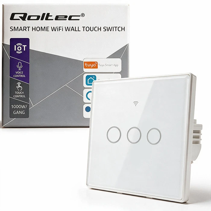 Qoltec Inteligentny dotykowy 3-kanałowy jungiklis wyłącznik światła | Wi-Fi | Timer | Tuya | Smart life | Hartowane szkło | Baltas