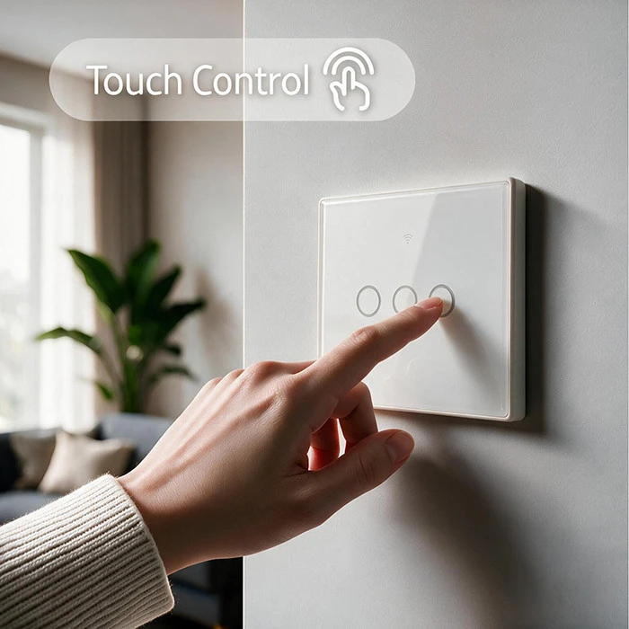 Qoltec Inteligentny dotykowy 3-kanałowy jungiklis wyłącznik światła | Wi-Fi | Timer | Tuya | Smart life | Hartowane szkło | Baltas