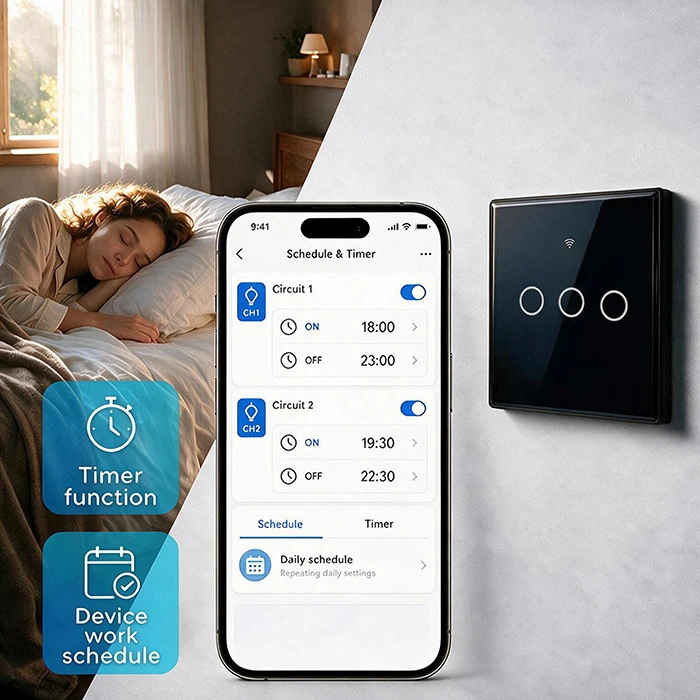 Qoltec Inteligentny dotykowy 3-kanałowy jungiklis wyłącznik światła | Wi-Fi | Timer | Tuya | Smart life | Hartowane szkło | Juodas