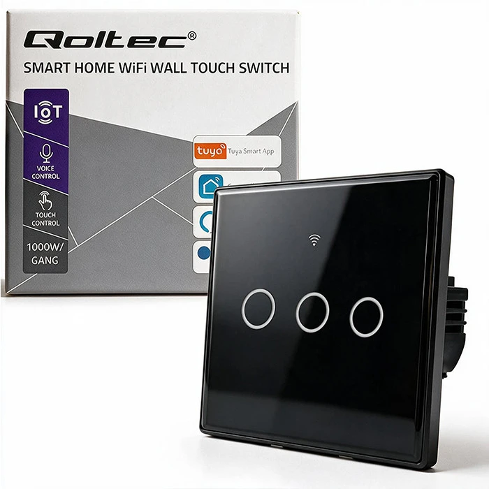 Qoltec Inteligentny dotykowy 3-kanałowy jungiklis wyłącznik światła | Wi-Fi | Timer | Tuya | Smart life | Hartowane szkło | Juodas