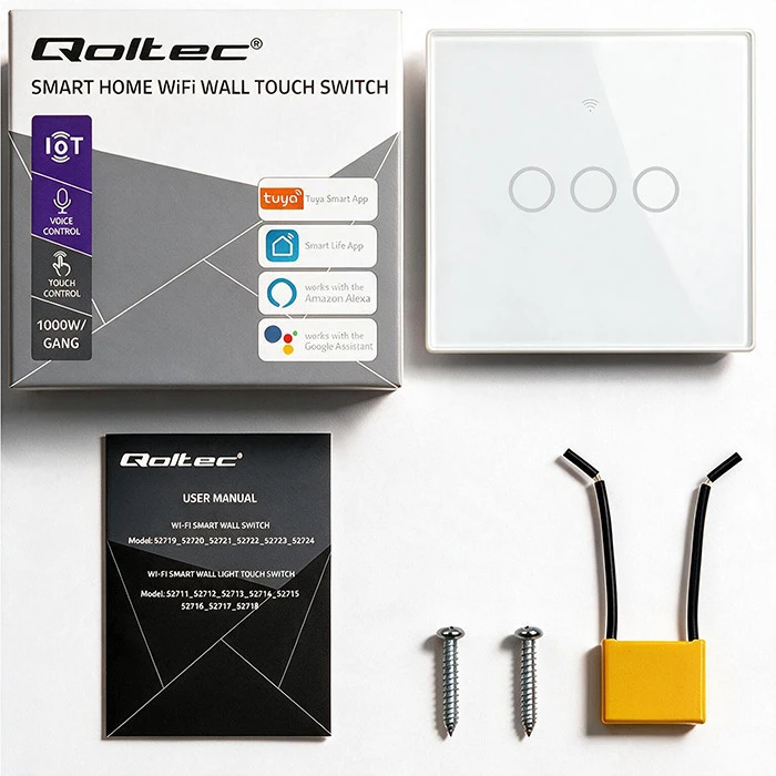 Qoltec Inteligentny dotykowy 3-kanałowy jungiklis wyłącznik światła | Wi-Fi | Timer | Tuya | Smart life | Hartowane szkło | Baltas