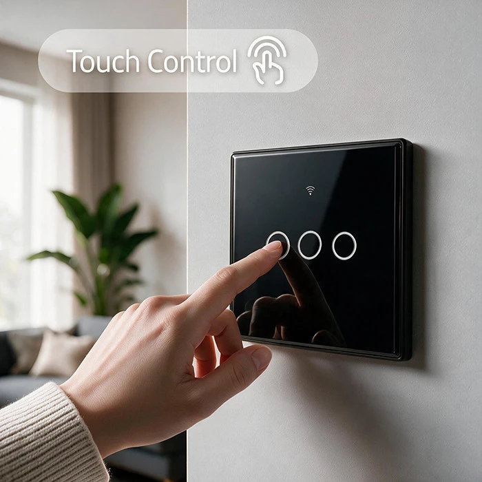 Qoltec Inteligentny dotykowy 3-kanałowy jungiklis wyłącznik światła | Wi-Fi | Timer | Tuya | Smart life | Hartowane szkło | Juodas