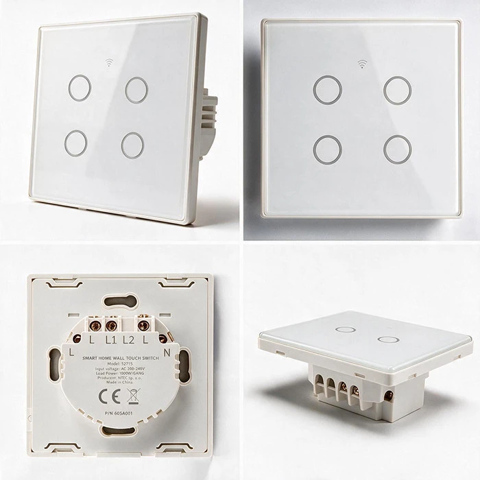 Qoltec Inteligentny dotykowy 4-kanałowy jungiklis wyłacznik światła | Wi-Fi | Timer| Tuya | Smart life | Hartowane szkło | Baltas