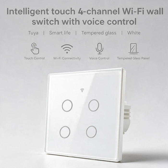 Qoltec Inteligentny dotykowy 4-kanałowy jungiklis wyłacznik światła | Wi-Fi | Timer| Tuya | Smart life | Hartowane szkło | Baltas