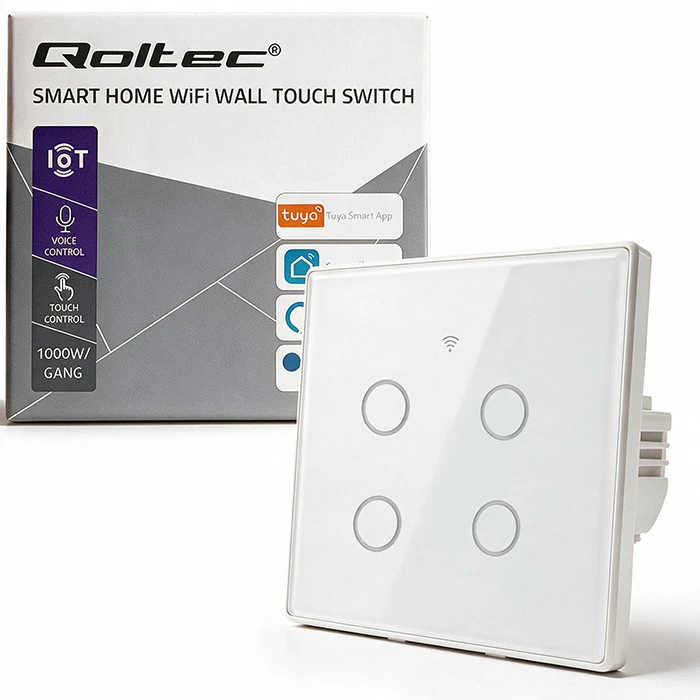 Qoltec Inteligentny dotykowy 4-kanałowy jungiklis wyłacznik światła | Wi-Fi | Timer| Tuya | Smart life | Hartowane szkło | Baltas