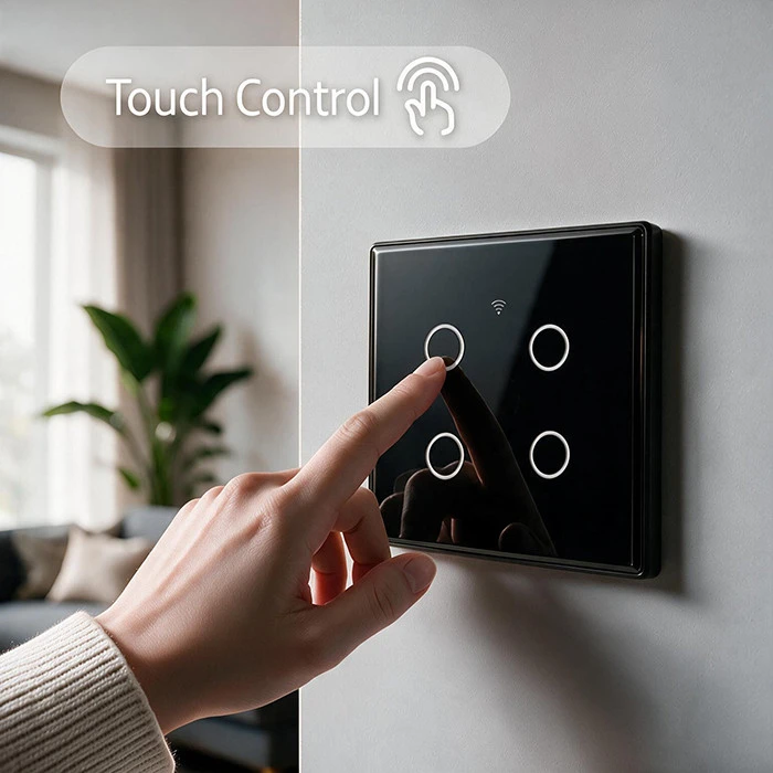 Qoltec Inteligentny dotykowy 4-kanałowy jungiklis wyłącznik światła | Wi-Fi | Timer | Tuya | Smart life | Hartowane szkło | Juodas
