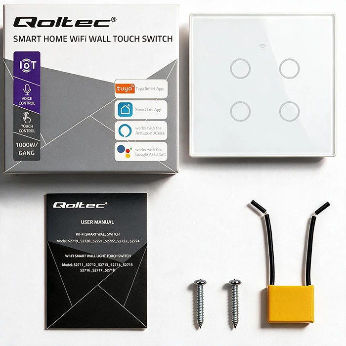 Qoltec Inteligentny dotykowy 4-kanałowy jungiklis wyłacznik światła | Wi-Fi | Timer| Tuya | Smart life | Hartowane szkło | Baltas
