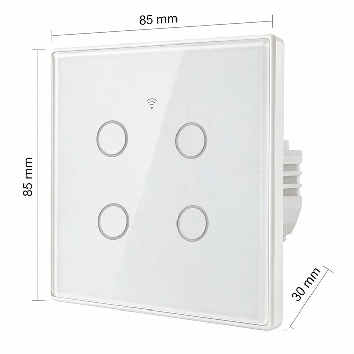 Qoltec Inteligentny dotykowy 4-kanałowy jungiklis wyłacznik światła | Wi-Fi | Timer| Tuya | Smart life | Hartowane szkło | Baltas