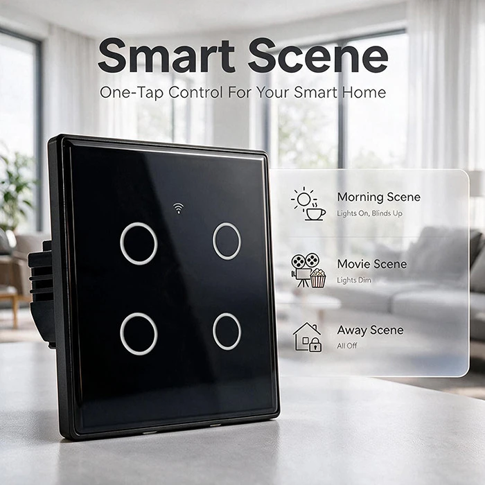 Qoltec Inteligentny dotykowy 4-kanałowy jungiklis wyłącznik światła | Wi-Fi | Timer | Tuya | Smart life | Hartowane szkło | Juodas