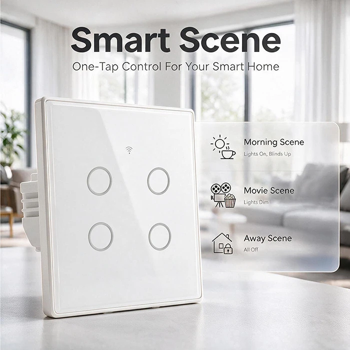 Qoltec Inteligentny dotykowy 4-kanałowy jungiklis wyłacznik światła | Wi-Fi | Timer| Tuya | Smart life | Hartowane szkło | Baltas