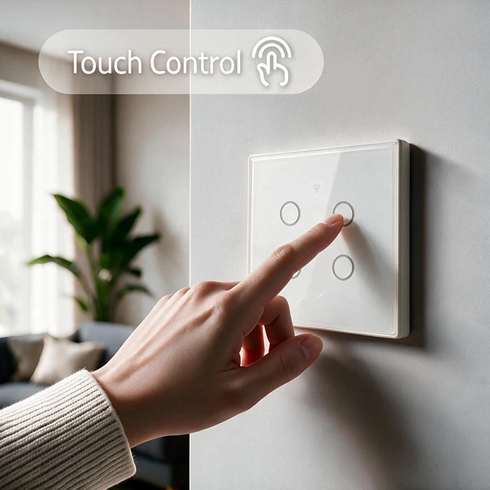 Qoltec Inteligentny dotykowy 4-kanałowy jungiklis wyłacznik światła | Wi-Fi | Timer| Tuya | Smart life | Hartowane szkło | Baltas