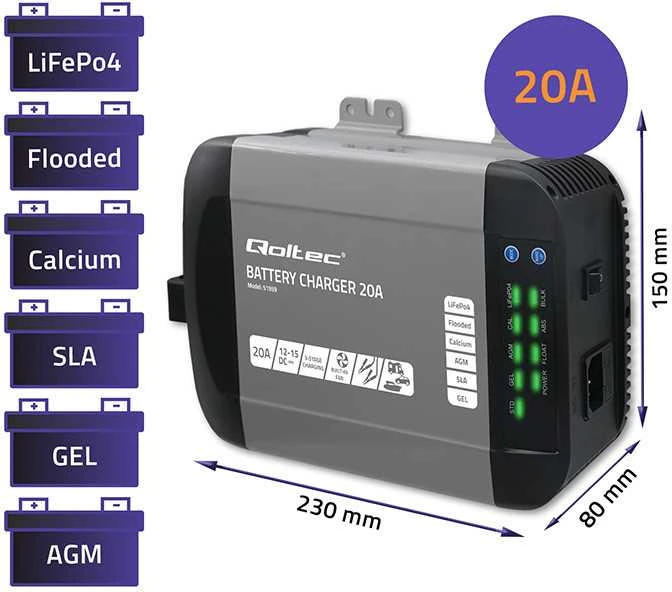 QOLTEC 51959 Smart Monolith įkroviklis LiFePO4 AGM GEL SLA akumuliatoriams / 20A / 12V