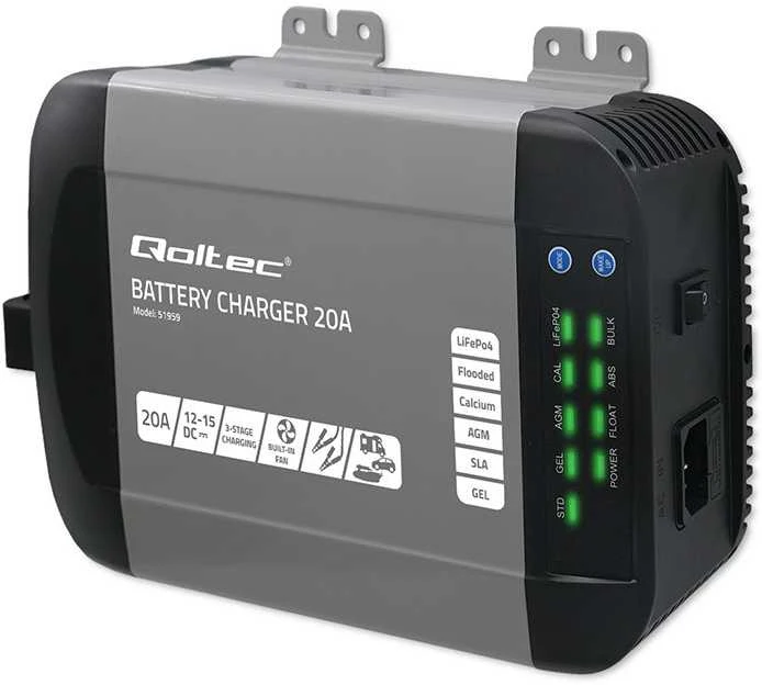 QOLTEC 51959 Smart Monolith įkroviklis LiFePO4 AGM GEL SLA akumuliatoriams / 20A / 12V