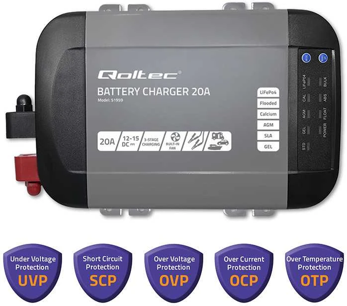 QOLTEC 51959 Smart Monolith įkroviklis LiFePO4 AGM GEL SLA akumuliatoriams / 20A / 12V