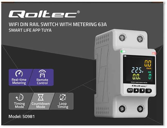 „Qoltec“ vienfazis elektroninis vatmetras | Energijos suvartojimo matuoklis | DIN35 | Nuotolinio valdymo pultas | Matavimų istorija | „Wi-Fi“ | TUYA | Išmanusis gyvenimas