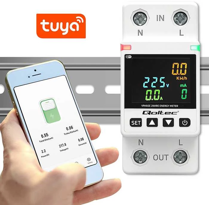 „Qoltec“ vienfazis elektroninis vatmetras | Energijos suvartojimo matuoklis | DIN35 | Nuotolinio valdymo pultas | Matavimų istorija | „Wi-Fi“ | TUYA | Išmanusis gyvenimas