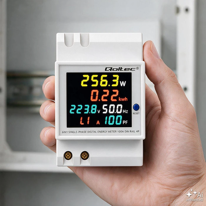 Qoltec Vienfazis skaitiklis 6v1 | energijos suvartojimo matuoklis ant DIN bėgelio | 230V | 100A | LCD | CT | 3P
