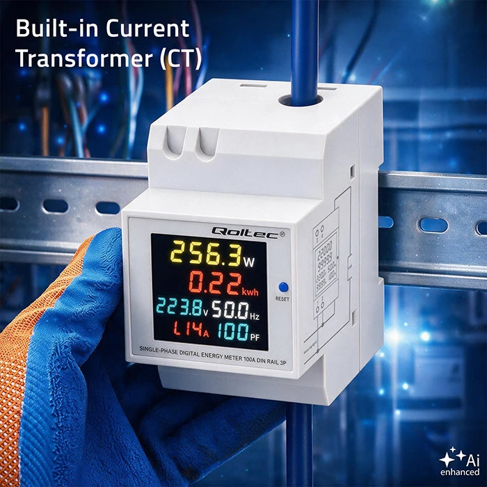 Qoltec Vienfazis skaitiklis 6v1 | energijos suvartojimo matuoklis ant DIN bėgelio | 230V | 100A | LCD | CT | 3P