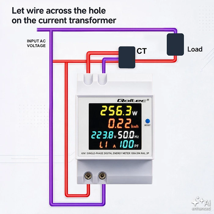 Qoltec Vienfazis skaitiklis 6v1 | energijos suvartojimo matuoklis ant DIN bėgelio | 230V | 100A | LCD | CT | 3P