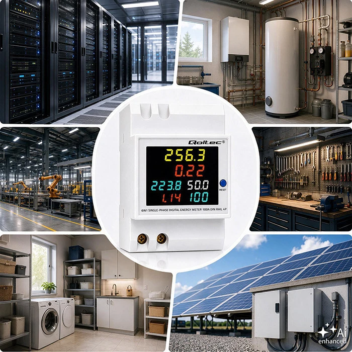 Qoltec Vienfazis skaitiklis 6v1 | energijos suvartojimo matuoklis ant DIN bėgelio | 230V | 100A | LCD | CT | 3P