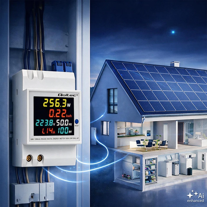 Qoltec Vienfazis skaitiklis 6v1 | energijos suvartojimo matuoklis ant DIN bėgelio | 230V | 100A | LCD | CT | 3P