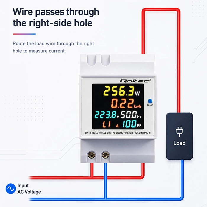 Qoltec Vienfazis skaitiklis 6v1 | energijos suvartojimo matuoklis ant DIN bėgelio | 230V | 100A | LCD | CT | 3P