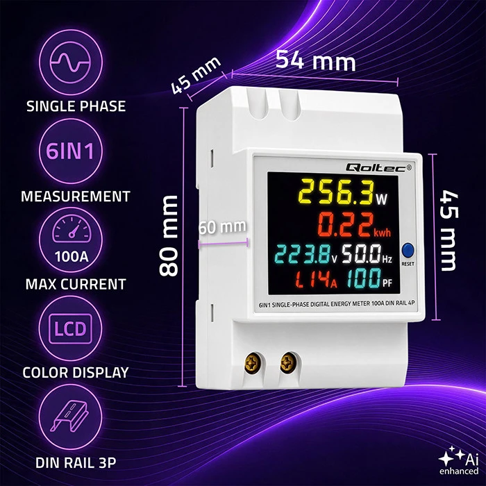 Qoltec Vienfazis skaitiklis 6v1 | energijos suvartojimo matuoklis ant DIN bėgelio | 230V | 100A | LCD | CT | 3P