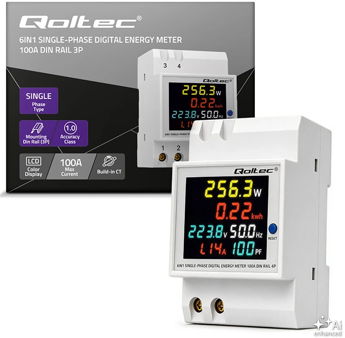 Qoltec Vienfazis skaitiklis 6v1 | energijos suvartojimo matuoklis ant DIN bėgelio | 230V | 100A | LCD | CT | 3P