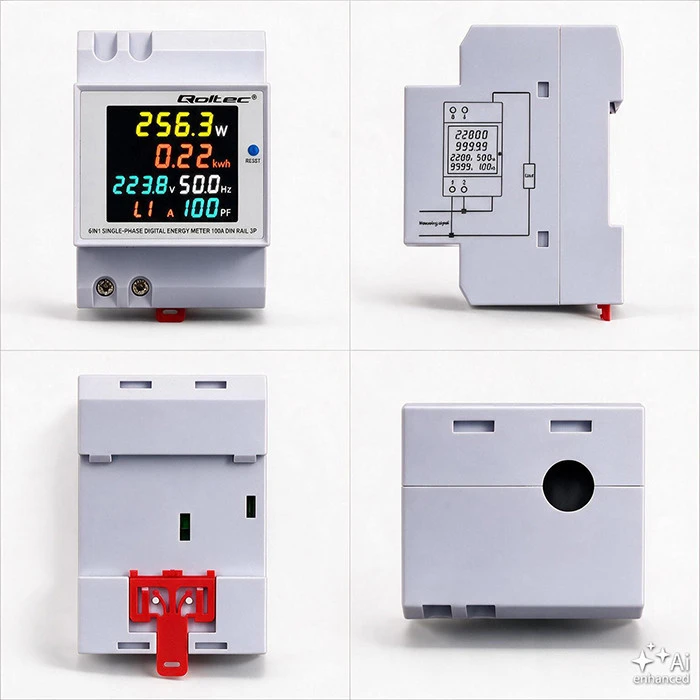 Qoltec Vienfazis skaitiklis 6v1 | energijos suvartojimo matuoklis ant DIN bėgelio | 230V | 100A | LCD | CT | 3P