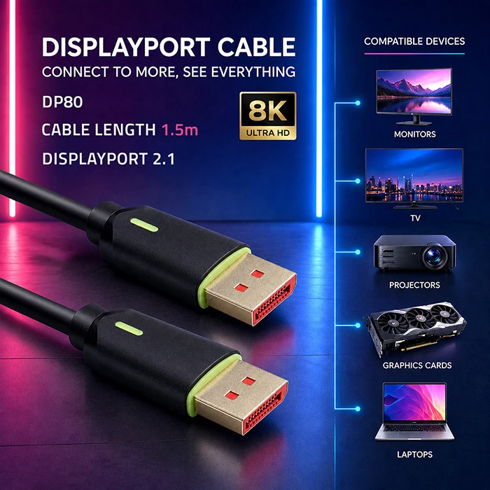 Qoltec Kabelis DisplayPort v2.1 męski | DisplayPort v2.1 męski | 8K | 80G | 1.5m