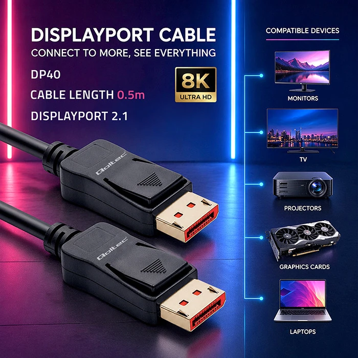Qoltec Kabelis DisplayPort v2.1 męski | DisplayPort v2.1 męski | 8K | 40G | 0.5m