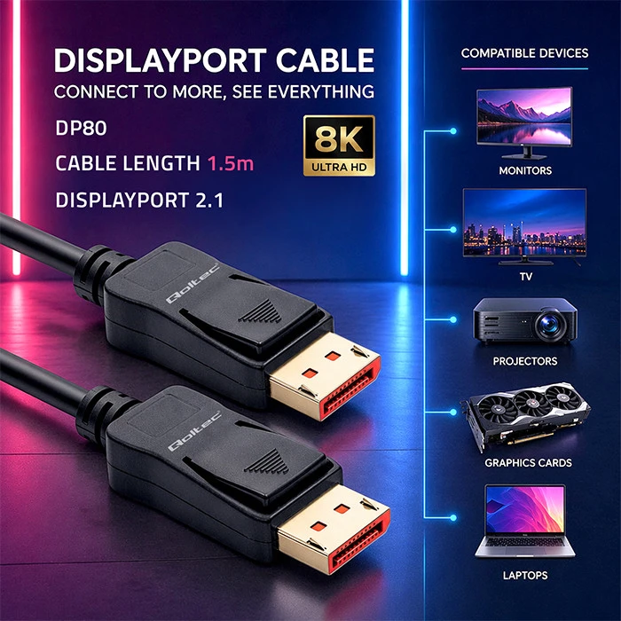 Qoltec Kabelis DisplayPort v2.1 męski | DisplayPort v2.1 męski | 8K | 54G | 1.5m