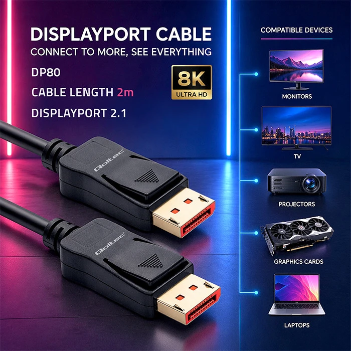 Qoltec Kabelis DisplayPort v2.1 męski | DisplayPort v2.1 męski | 8K | 54G | 2m