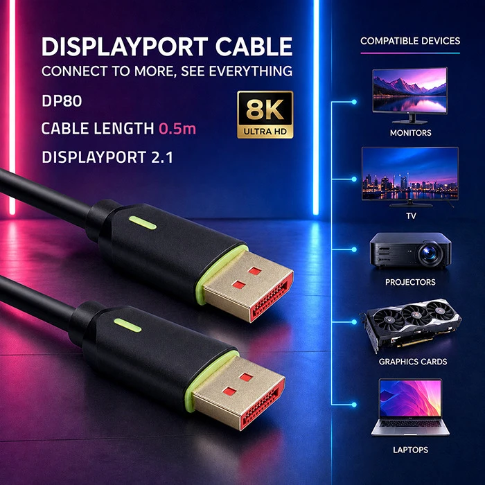 Qoltec Kabelis DisplayPort v2.1 męski | DisplayPort v2.1 męski | 8K | 80G | 0.5m