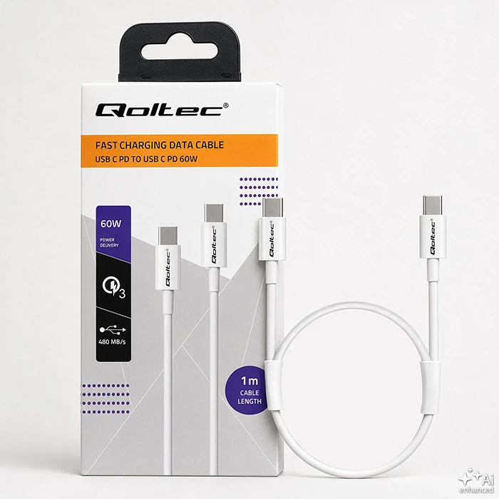 QOLTEC 52359 USB 2.0 tipo C kabelis USB 2.0 tipas C 60W QC 3.0 PD 1m Baltas