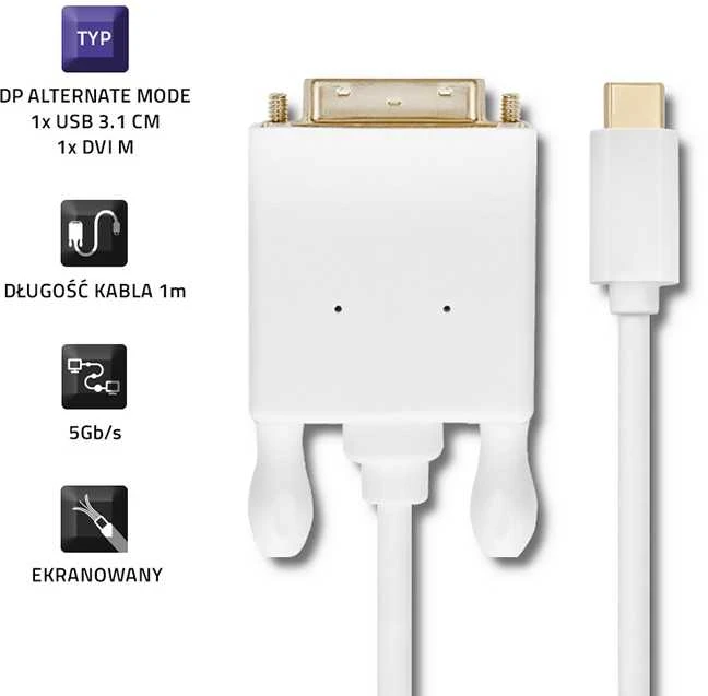 QOLTEC 50416 Qoltec DisplayPort Alternatyvus režimas USB 3.1 CM / DVI M 4Kx2K 1m