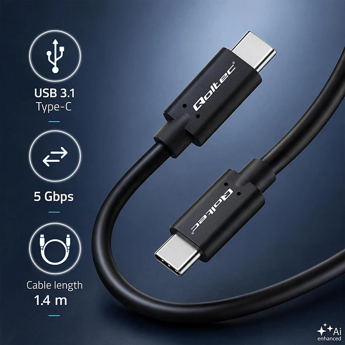 QOLTEC 52350 USB 3.1 tipo C kištukinis kabelis USB 3.1 tipo C kištukinis 1,4 m Juodas