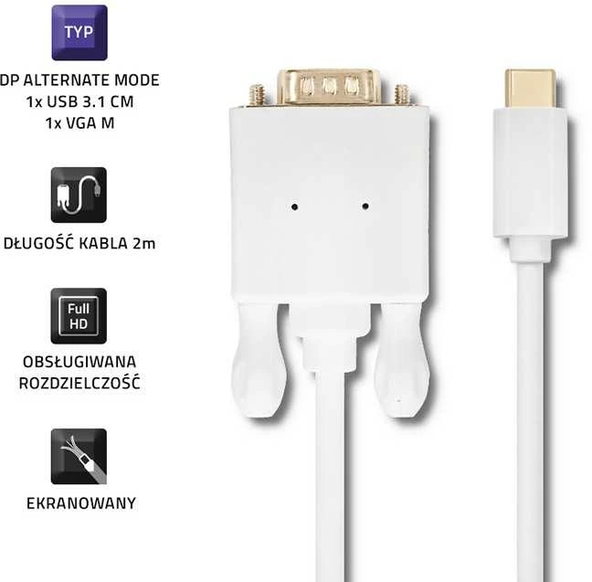 QOLTEC 50419 DisplayPort Alternatyvus režimas USB 3.1 tipo C vyriškas VGA vyriškas 1080p 2m
