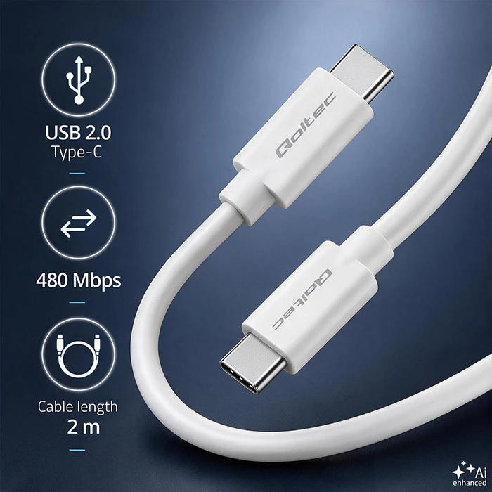 QOLTEC 52346 USB 2.0 kabelis C tipo kištukas USB 2.0 C tipo kištukas 2m Baltas