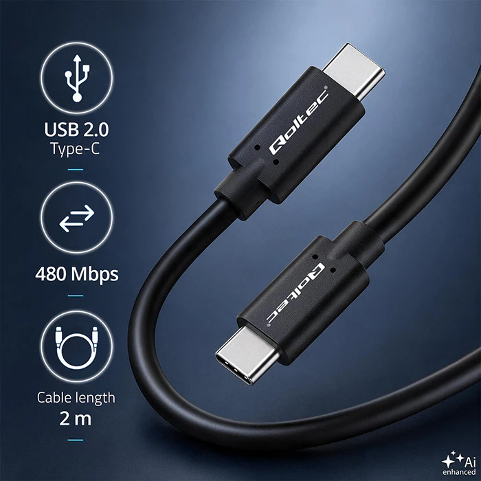 QOLTEC 52345 USB 2.0 kabelis C tipo kištukas USB 2.0 tipo C kištukas 2m Juodas
