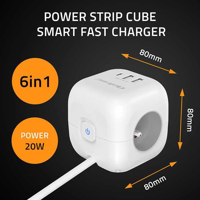 Maitinimo 6v1 prailginimo kubas su apšviestu jungikliu Qoltec 3x AC 2x USB 1x USB-C PD 20W baltas kabelis 2 m