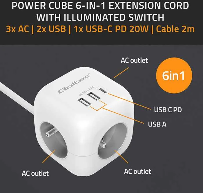 Maitinimo 6v1 prailginimo kubas su apšviestu jungikliu Qoltec 3x AC 2x USB 1x USB-C PD 20W baltas kabelis 2 m