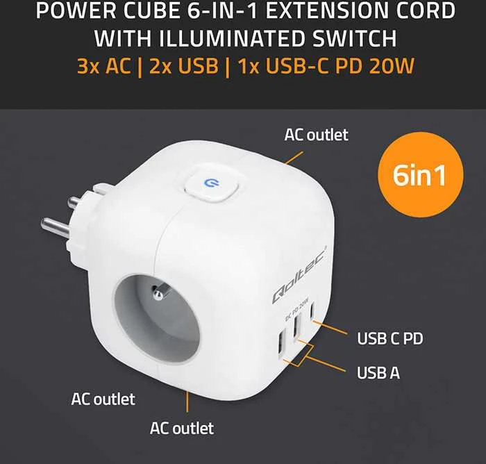Daugiafunkcinė Qoltec galios kubikė su apšviečiamu jungikliu 3x AC 2x USB 1x USB-C PD 20W Balta